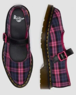 ELPHIE MARY JANE-SKO I TARTAN-MØNSTER in Sort & Pink Multi